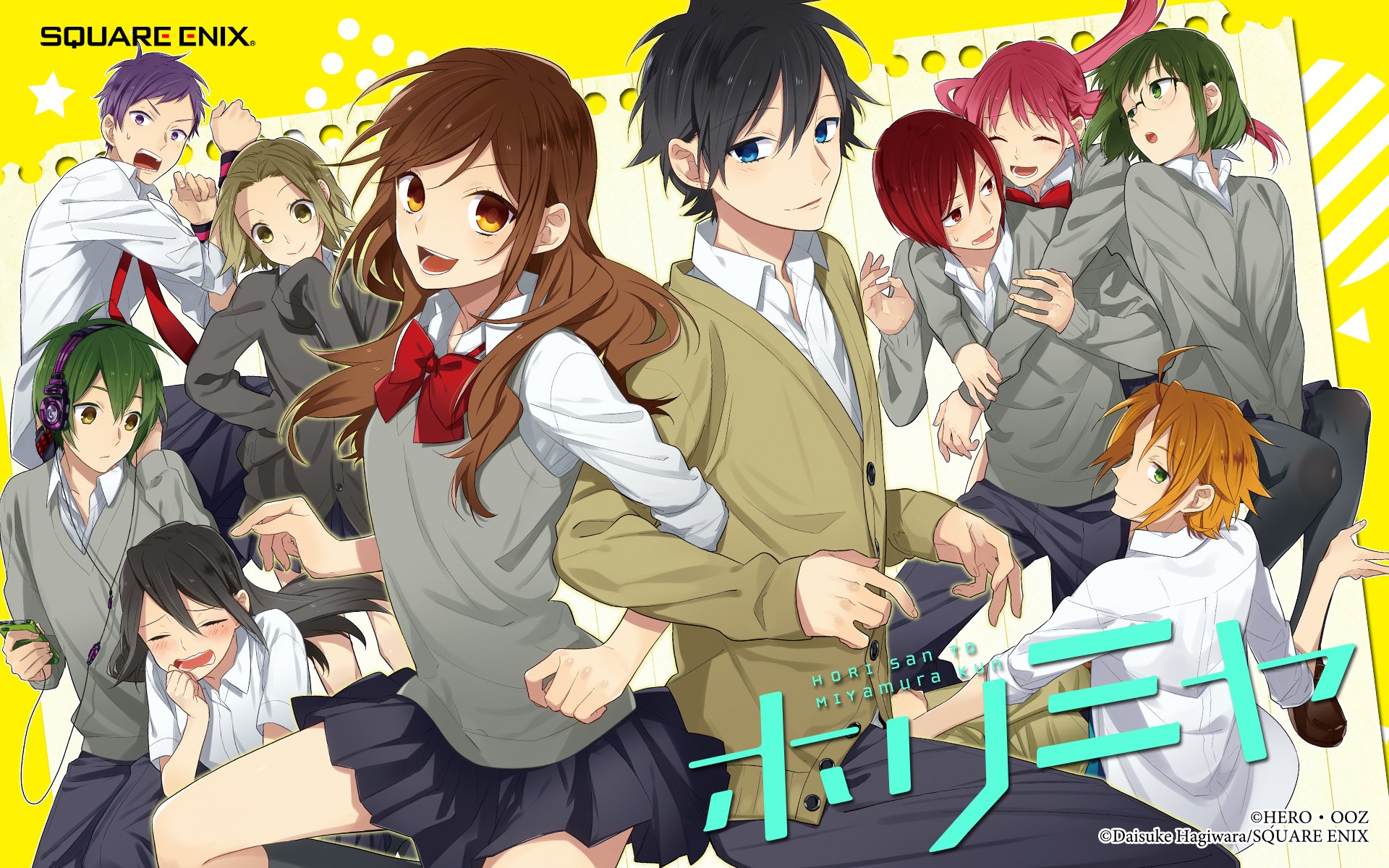 Anime HD PC desktop wallpaper of Hori-san To Miyamura-kun featuring Hori Kyouko and Izumi Miyamura with classmates in school uniforms on a bright yellow background.