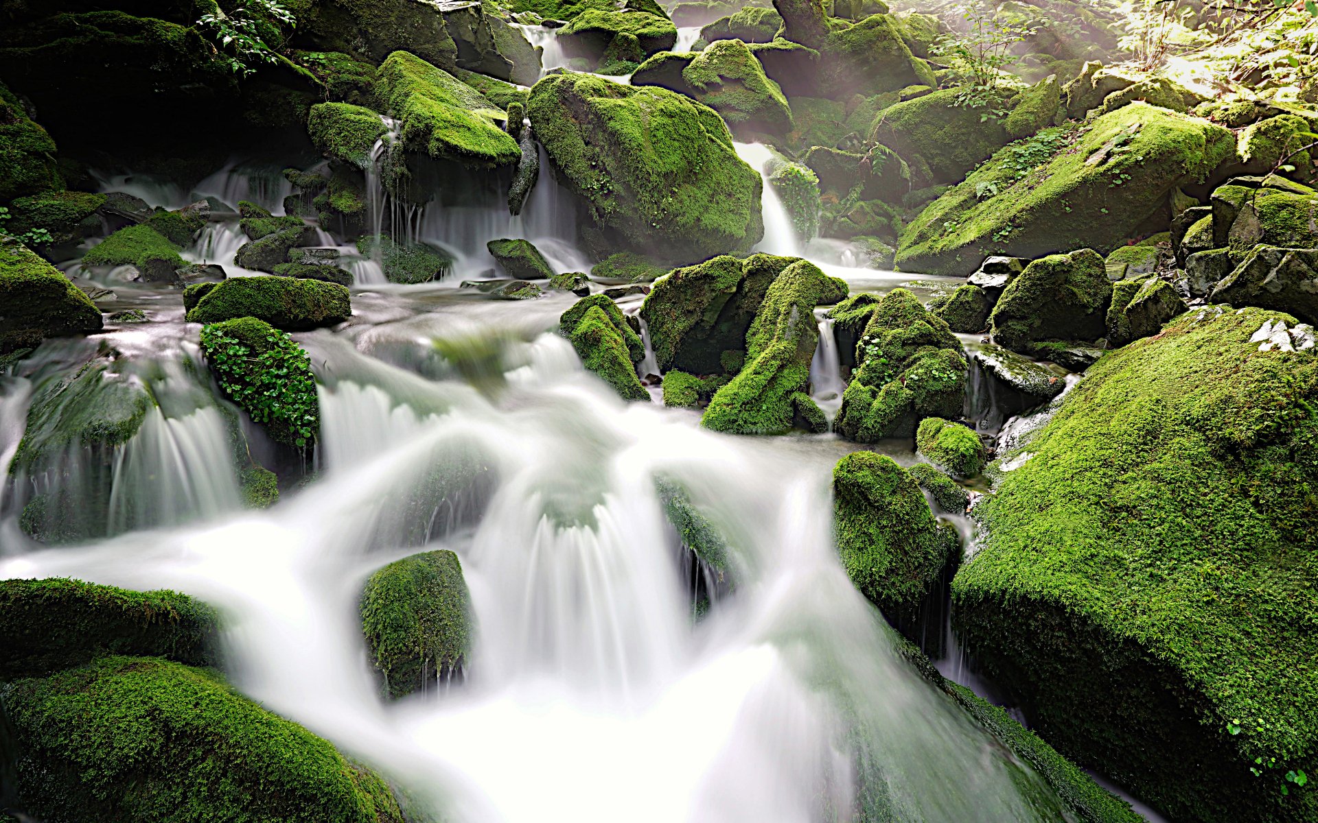 4K Ultra HD PC desktop wallpaper showing a moss-draped woodland waterfall and silky stream winding over green rocks — serene nature scene.