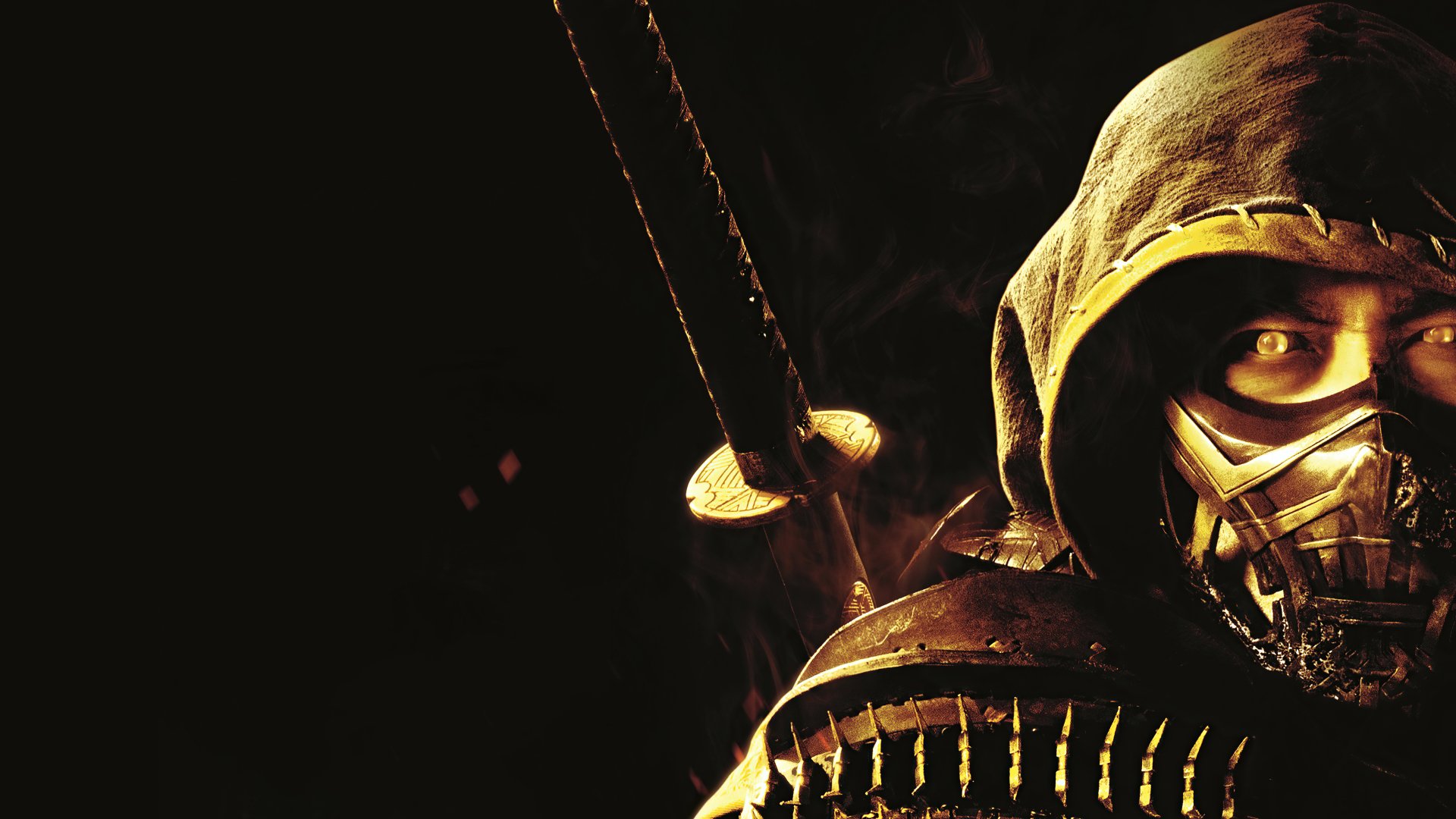 Close-up of Scorpion from Mortal Kombat (2021 film): hooded, masked warrior in spiked armor with glowing kunai chains against a dark background — 5K Ultra HD desktop wallpaper.