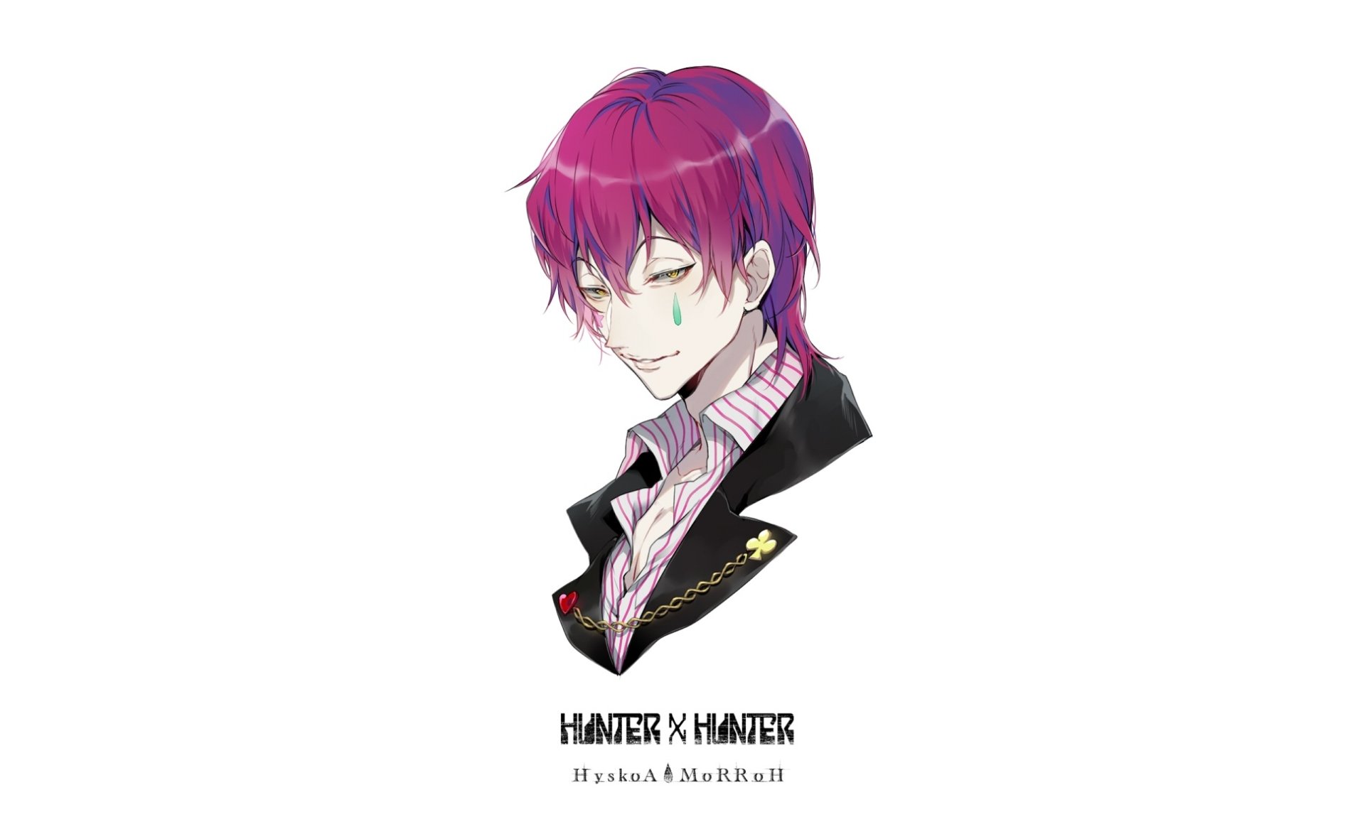 HD PC desktop wallpaper of Hisoka (Hunter × Hunter): stylized anime portrait with vivid magenta hair, pale skin, green eyes, and a dark blazer against a clean white background.