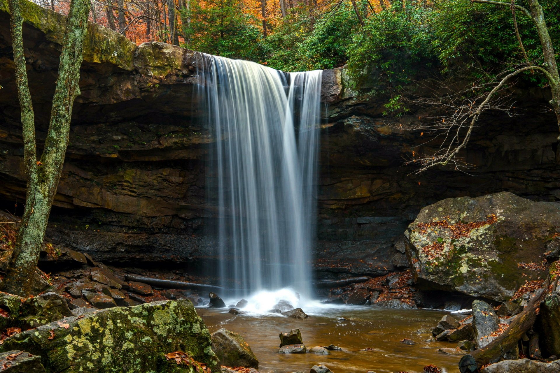 Autumn forest waterfall cascading into a rocky pool, framed by mossy cliffs — 2K Quad HD PC desktop wallpaper and background.