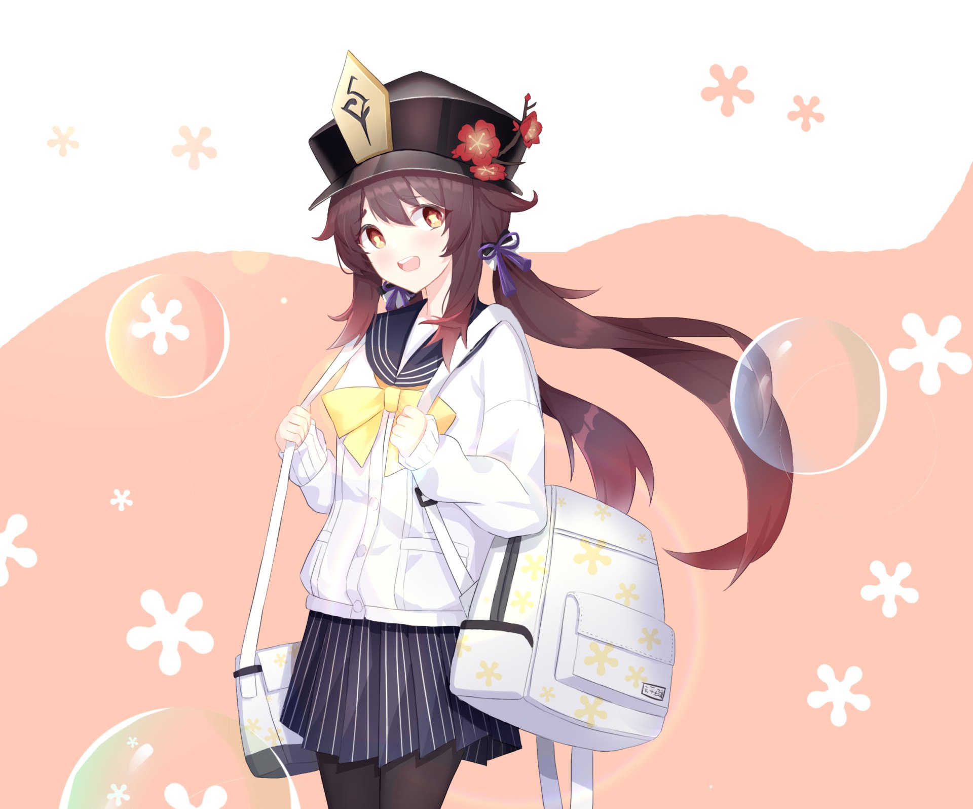 HD PC wallpaper of Hu Tao from the video game Genshin Impact: anime-style portrait with long brown hair and school bag, smiling against a pastel pink background with bubbles and floral motifs.