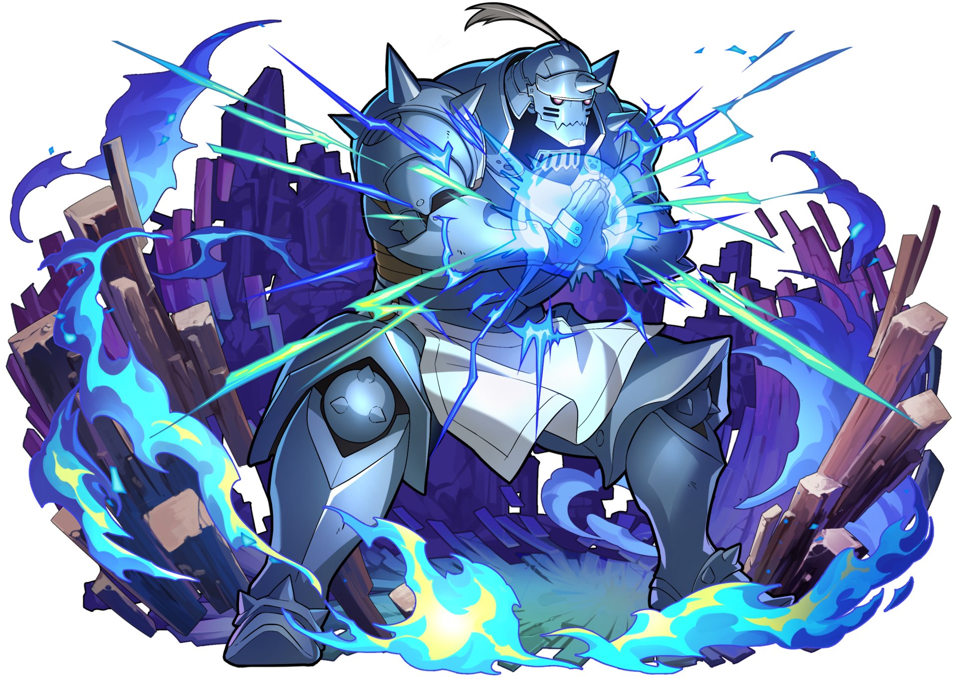 HD anime desktop wallpaper featuring Alphonse Elric from Fullmetal Alchemist, depicted in his armored form surrounded by vivid blue energy and lightning effects.