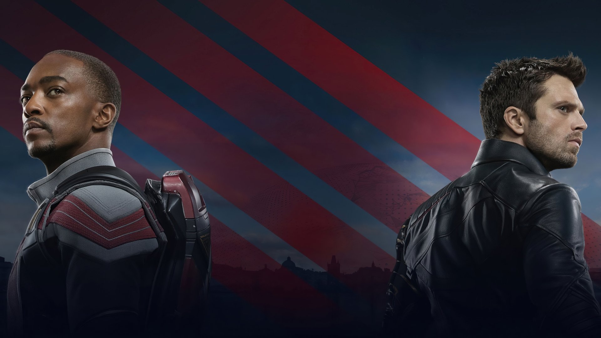 5K Ultra HD PC wallpaper: Bucky Barnes (Winter Soldier) and Sam Wilson (Falcon) stand back-to-back against stylized red-and-blue stripes, from The Falcon and the Winter Soldier TV show.