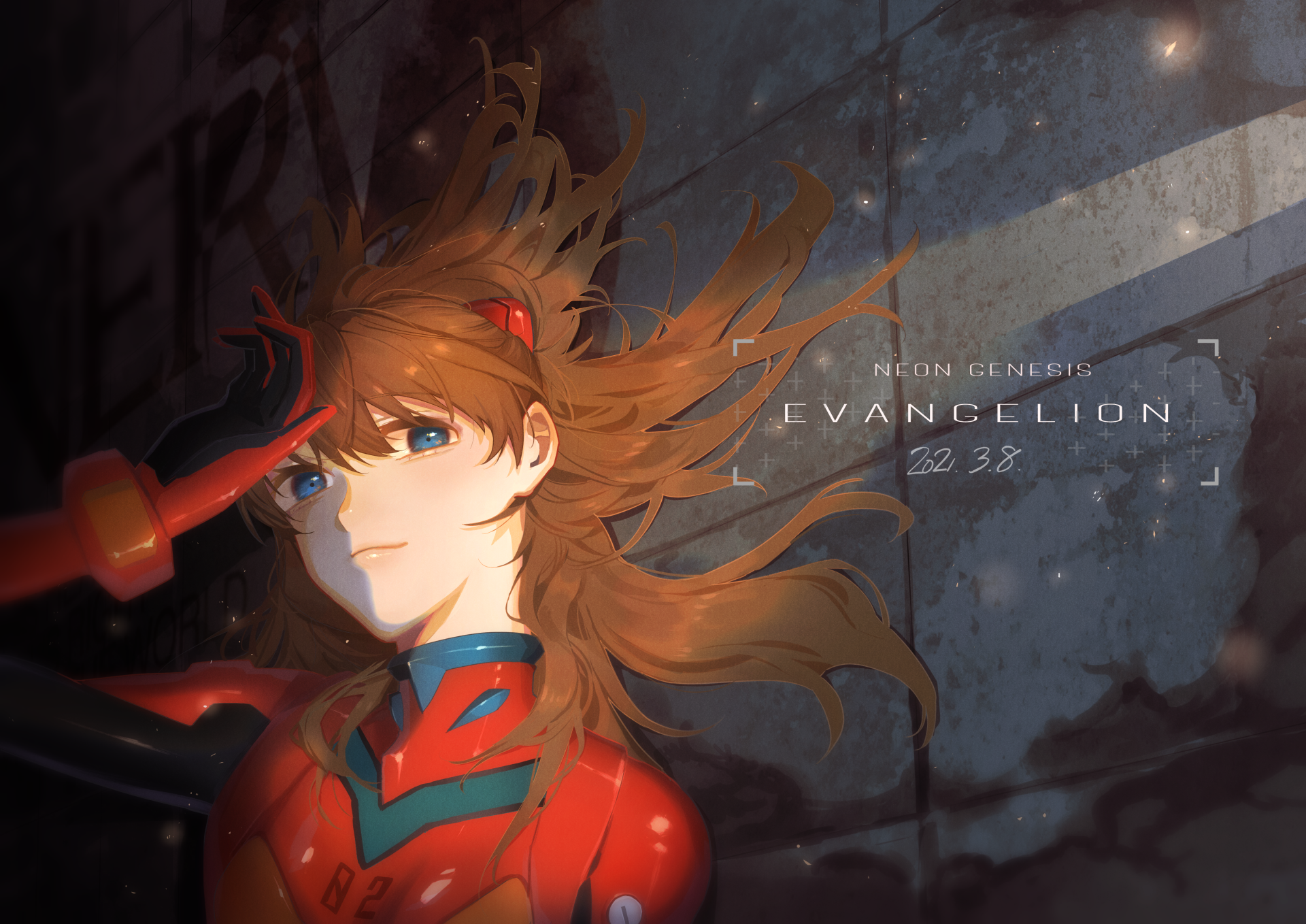 4K Ultra HD PC desktop wallpaper of Asuka Langley Sohryu (Neon Genesis Evangelion): anime portrait in red plug suit, windswept hair and determined gaze against a cracked concrete backdrop.