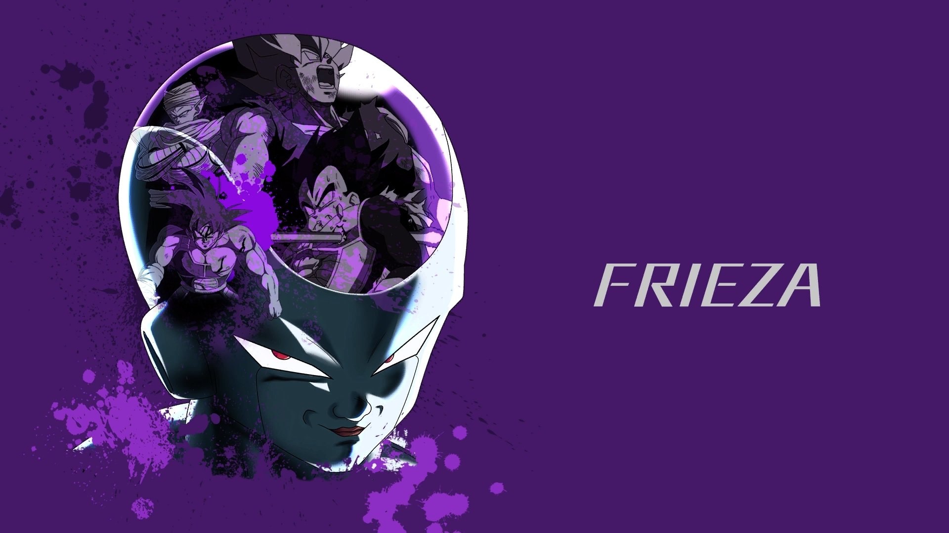 HD PC desktop wallpaper featuring Frieza (Dragon Ball) portrait on purple splatter with inner Dragon Ball Z montage and 'FRIEZA' text, anime background.