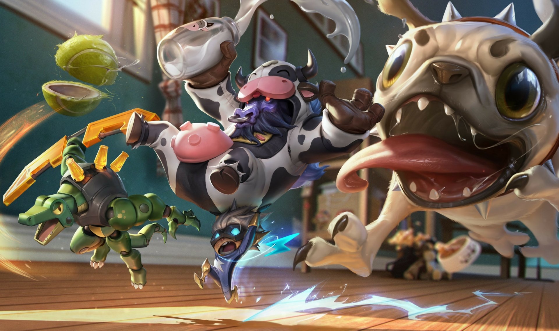 4K Ultra HD League of Legends video game wallpaper: playful Kog'Maw, Renekton and Alistar in a vibrant, cartoony chase across a sunlit street.