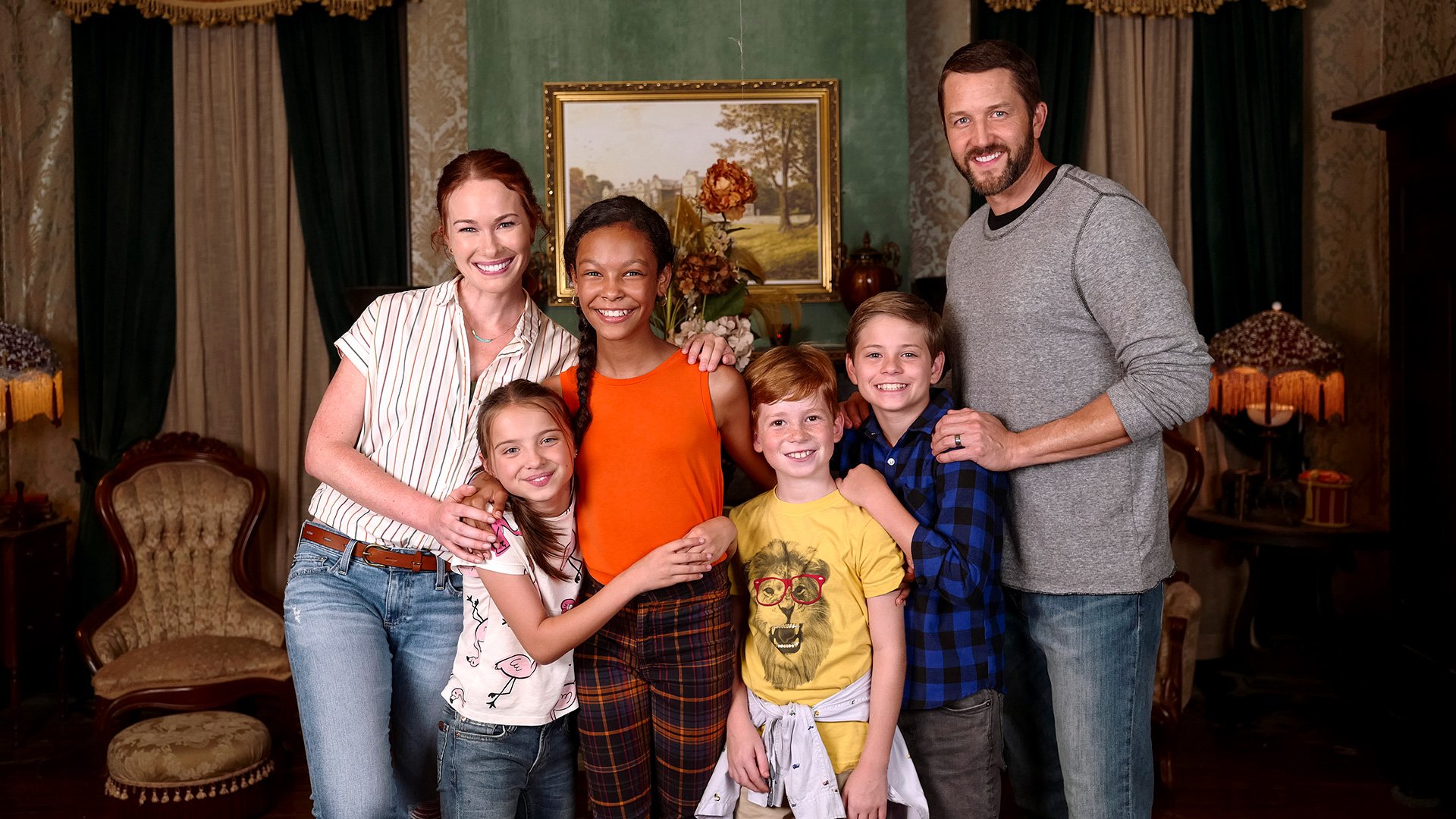 HD desktop wallpaper of cast members from Secrets Of Sulphur Springs posing together in a vintage-style room.