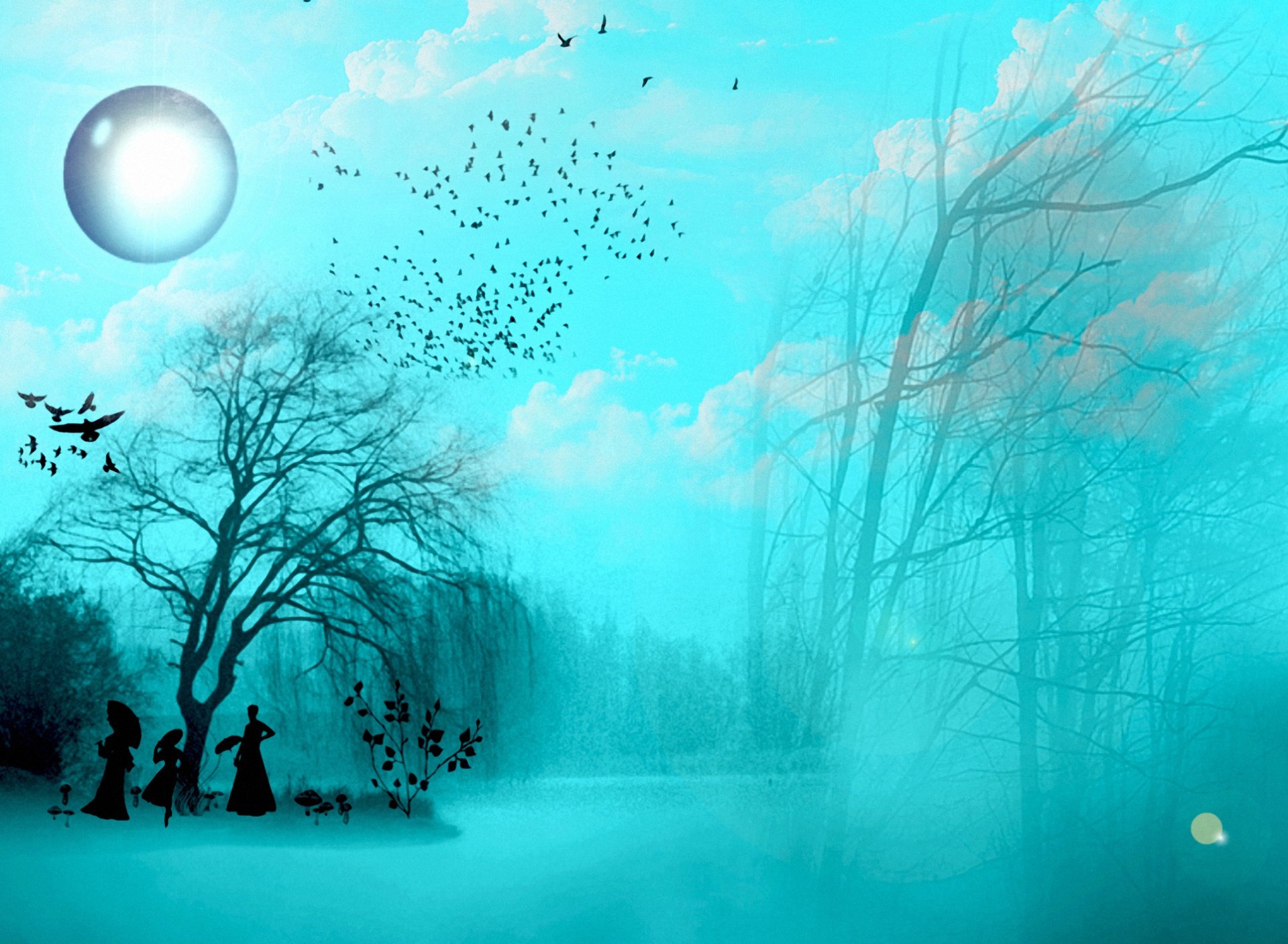 A serene anime-inspired HD wallpaper featuring a tranquil blue landscape, silhouettes of figures by a tree, and flying birds under a large orb, creating a dreamlike atmosphere.