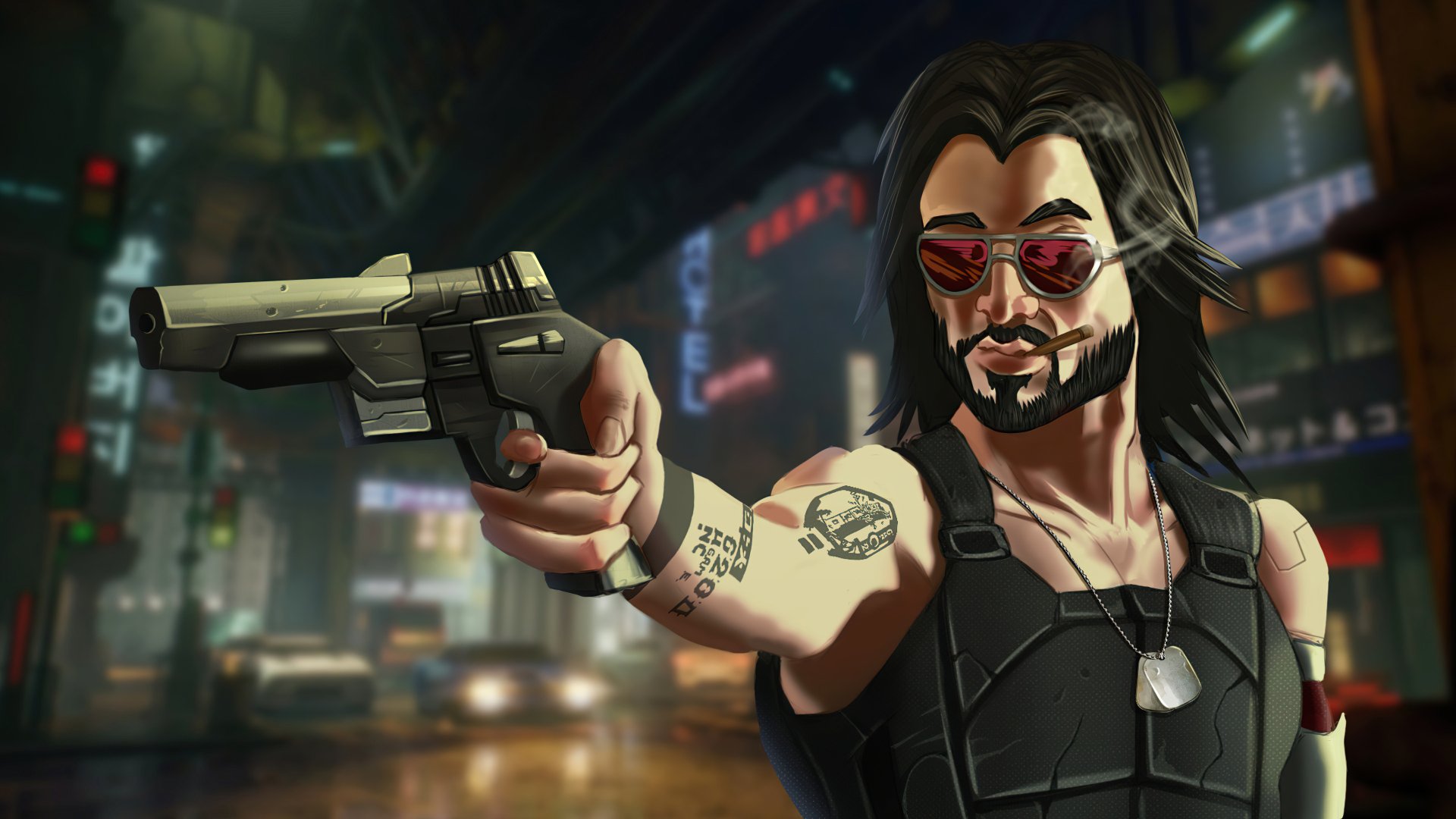 Johnny Silverhand from Cyberpunk 2077 aims a pistol amid neon-soaked Night City, red shades and tattoos visible — stylized 4K Ultra HD video game desktop wallpaper.