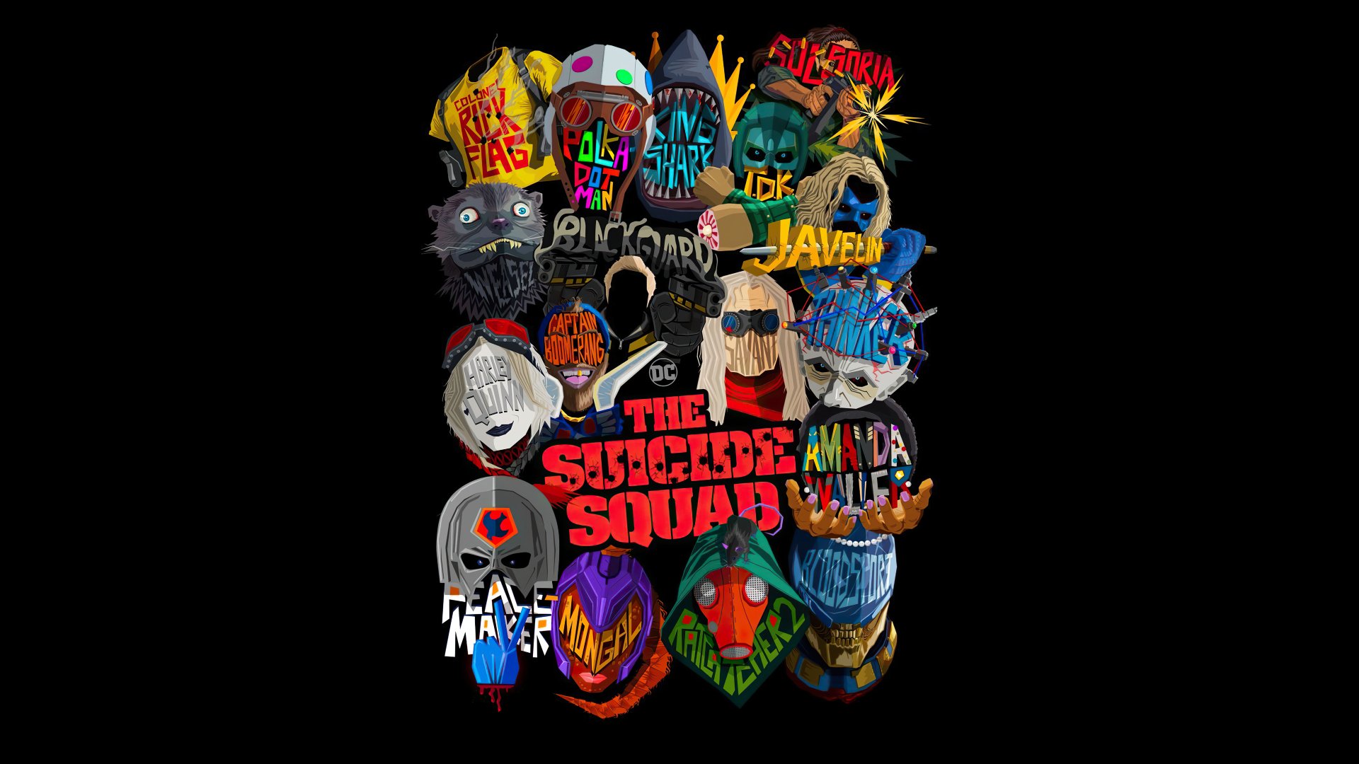 4K Ultra HD PC desktop wallpaper featuring colorful, stylized masks and logos from the movie The Suicide Squad arranged in a vibrant collage.