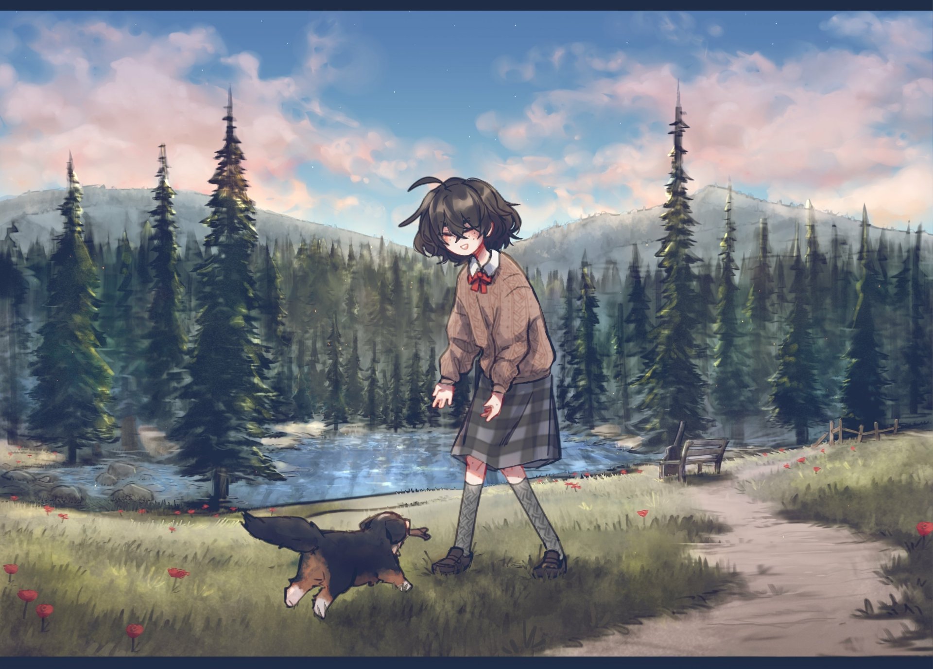 Anime girl with short hair and a school uniform walking a dog near a tranquil lake, surrounded by trees and mountains. The image is a high-definition desktop wallpaper and background.