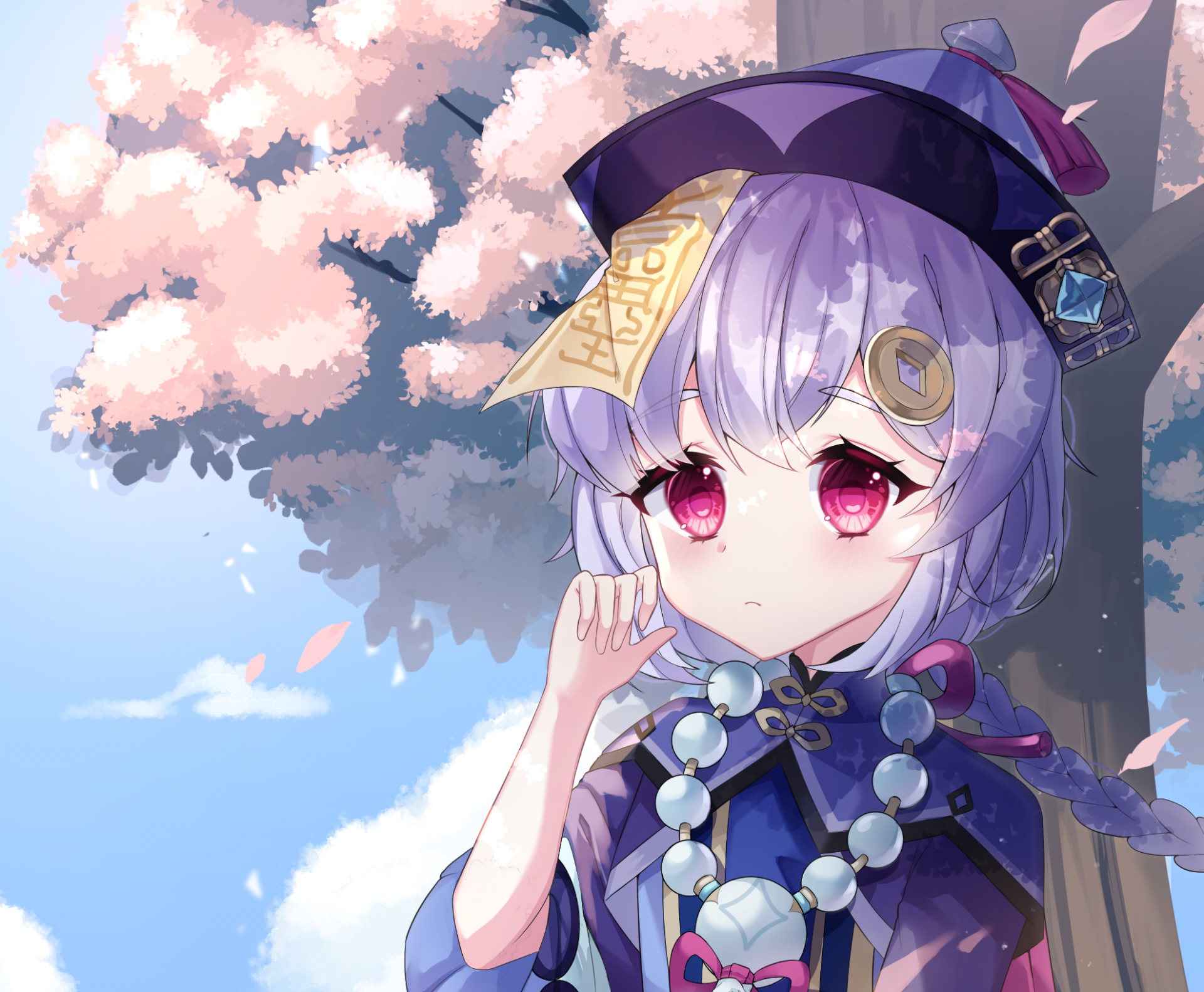 HD PC desktop wallpaper of Qiqi from the video game Genshin Impact: purple-haired, pink-eyed character with a talisman on her hat and prayer beads beneath cherry blossoms and a blue sky.