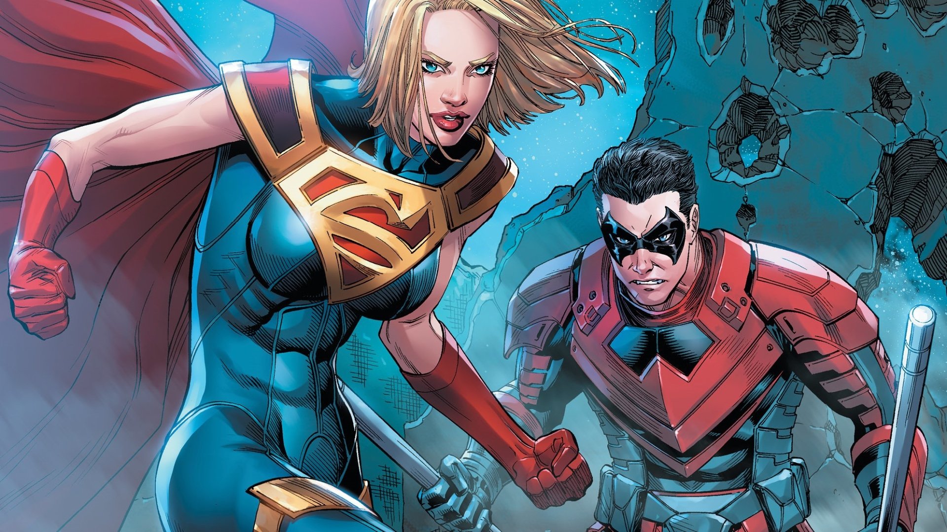 HD PC desktop wallpaper featuring Kara Zor-El as Supergirl and Damian Wayne as Nightwing from DC Comics' Injustice 2.