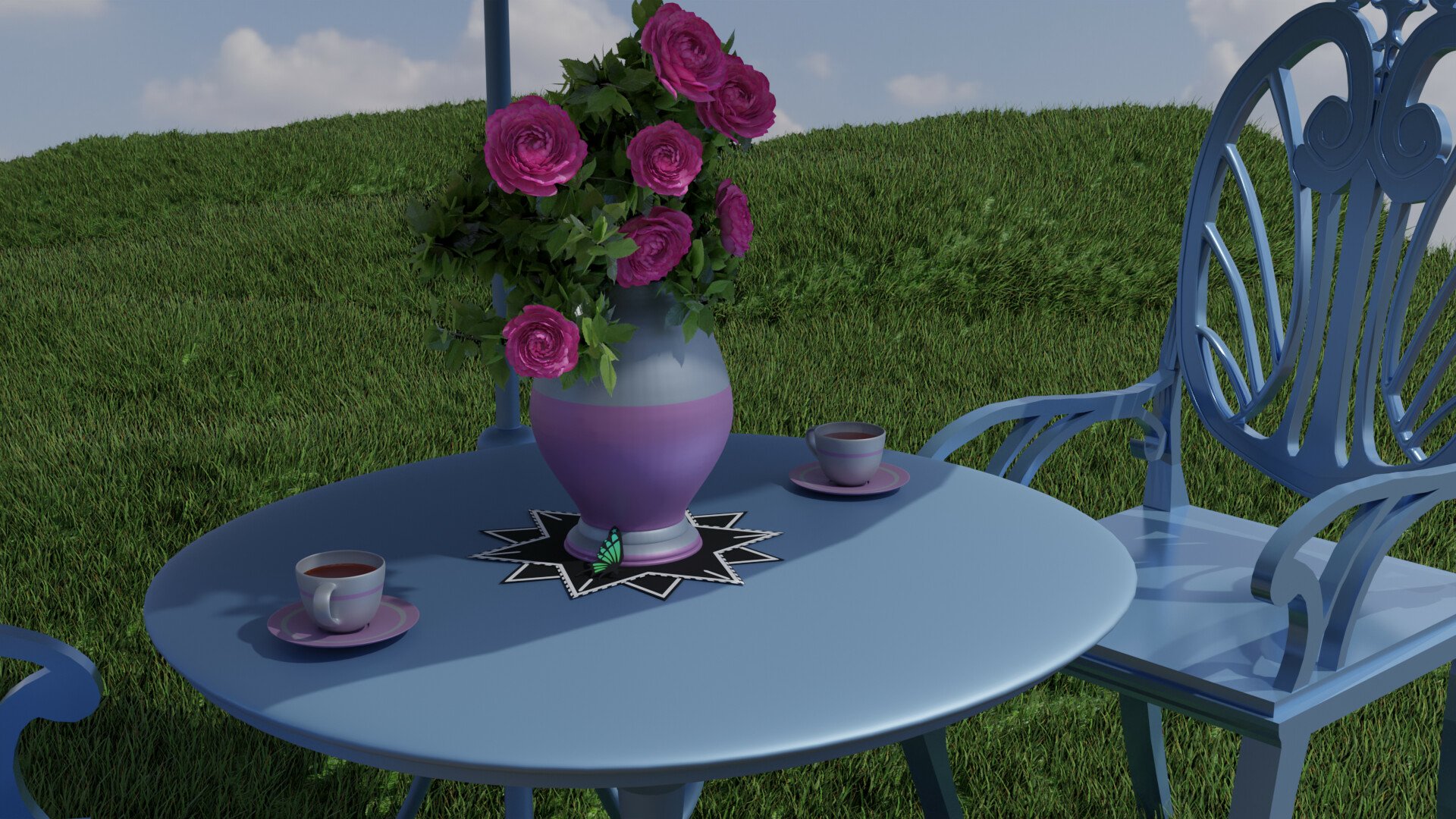 Anime-inspired HD desktop wallpaper featuring a serene outdoor scene with a round table, blue chair, a vase of pink roses, and two teacups, evoking Re:Zero - Starting Life in Another World.