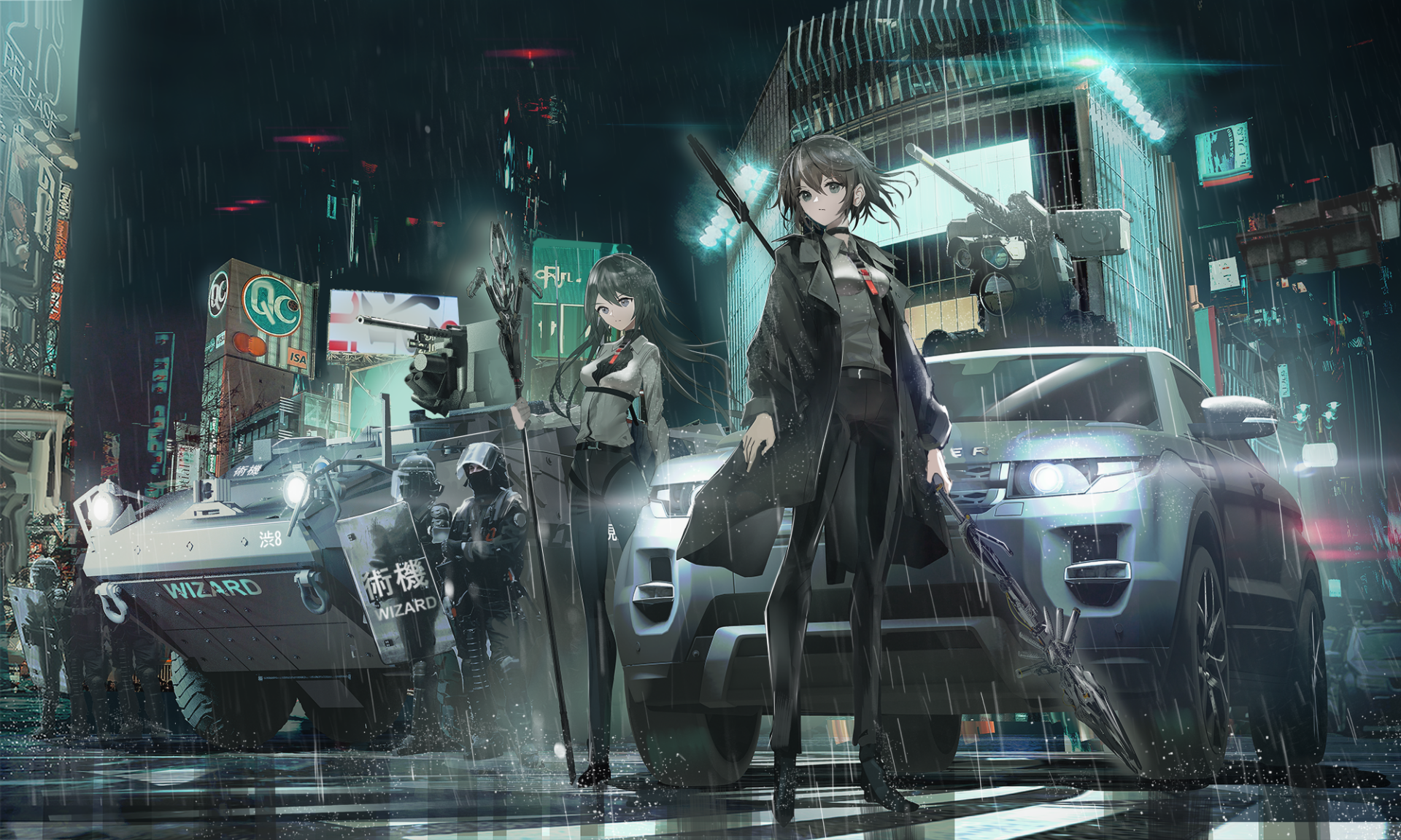 HD anime desktop wallpaper featuring two anime girls in police uniforms standing confidently in a rainy, neon-lit urban setting with armored vehicles and sleek cars.