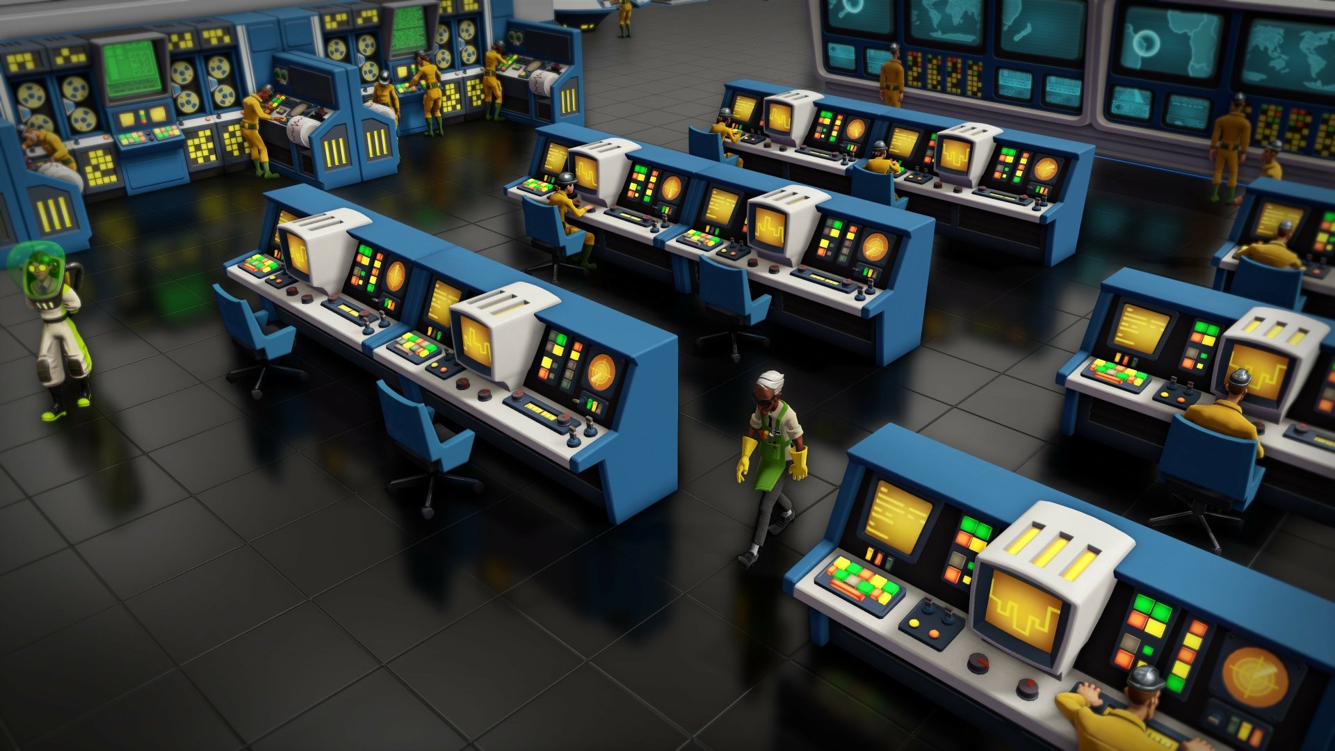 HD wallpaper from Evil Genius 2: World Domination featuring a villain in a high-tech control room.