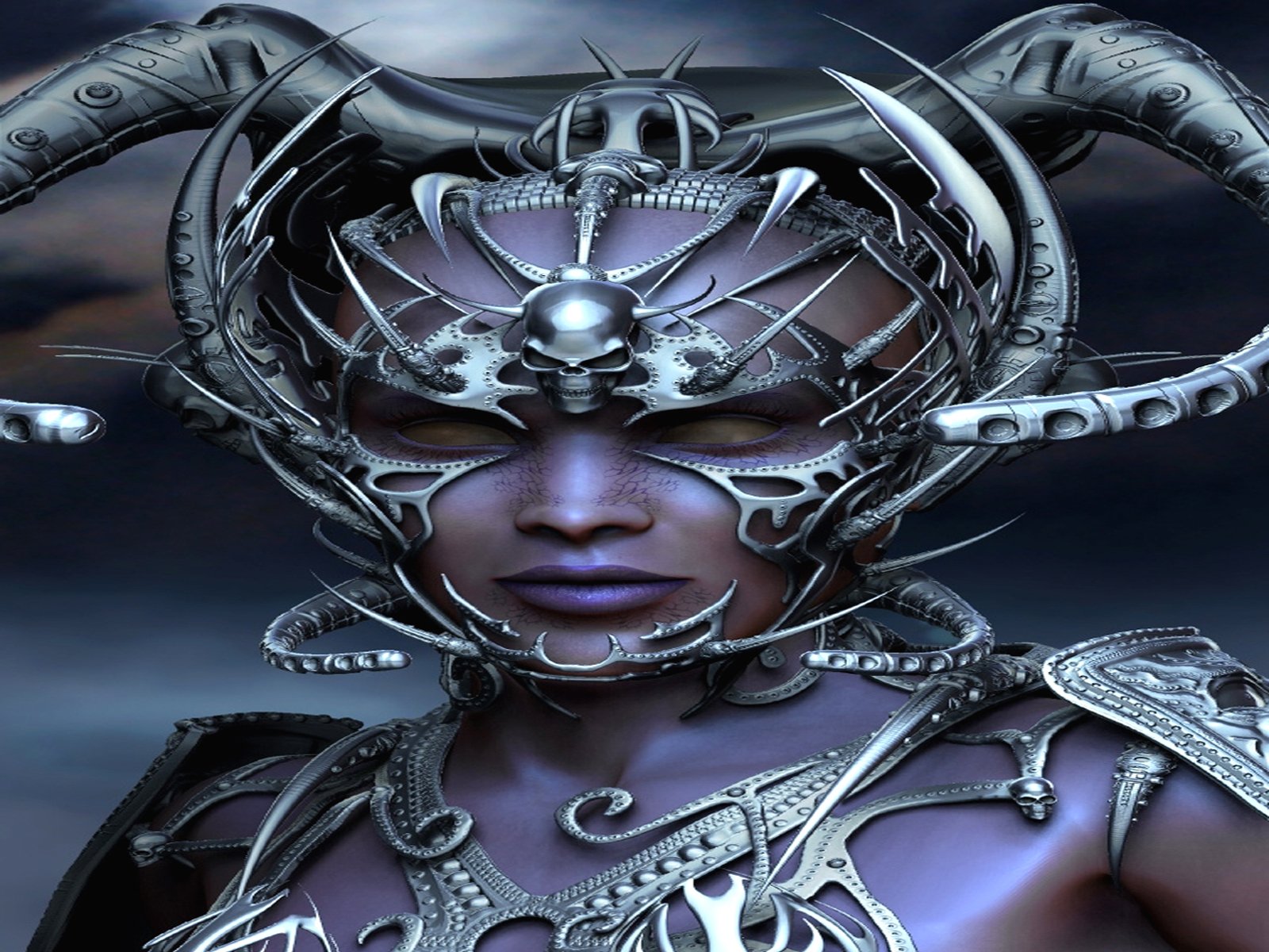 A high-definition fantasy-themed desktop wallpaper featuring a woman adorned in intricate metallic armor and headgear, set against a dark, mysterious background.