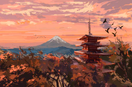 Anime-style HD desktop wallpaper depicting a vibrant sunset landscape of Japan with Mount Fuji, a traditional shrine, and birds flying in the colorful sky.