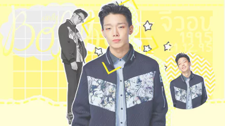 HD desktop wallpaper featuring a stylish member of iKON against a vibrant yellow background. The design includes playful elements and dynamic poses, capturing the essence of music and artistry.