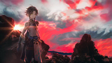 Xiao from Genshin Impact stands against a dramatic sunset sky with red and pink clouds in this 4K Ultra HD PC desktop wallpaper.