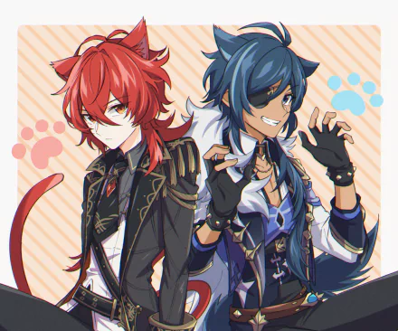 HD desktop wallpaper featuring Genshin Impact characters Diluc with red hair and Kaeya with blue hair wearing animal ears and an eye patch, styled as a vibrant video game artwork.