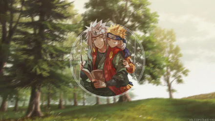 HD desktop wallpaper featuring Naruto Uzumaki and Jiraiya from the anime Naruto in a forest setting, framed within a picture-in-picture effect.