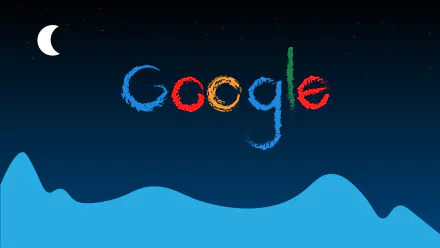 8K Ultra HD desktop wallpaper featuring the Google logo stylized in colorful brush strokes under a crescent moon against a gradient blue background, blending technology and night sky.