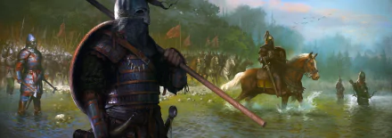 HD PC desktop wallpaper from the video game Kingdom Come: Deliverance, depicting armored knights readying for battle in a misty forest setting.