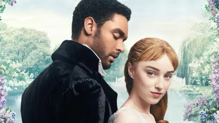 HD wallpaper of two Bridgerton characters in period attire, poised elegantly against a floral backdrop.