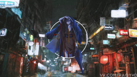 HD PC desktop wallpaper: Ciel Phantomhive from Black Butler in anime style, centered in a glowing ring above a rain-soaked neon city street at night.
