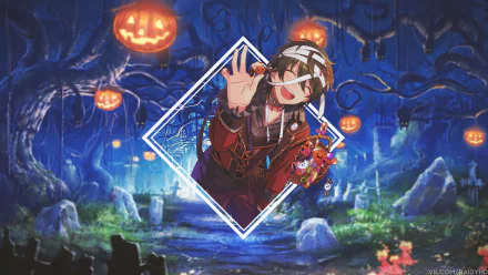 4K Ultra HD Halloween-themed PC wallpaper featuring Mika Kagehira from the video game Ensemble Stars! with glowing jack-o’-lanterns in a spooky forest background.