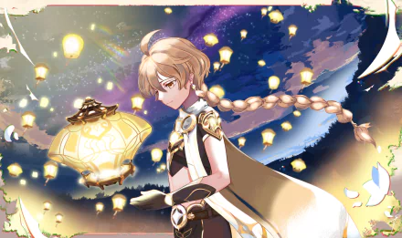 Aether (Genshin Impact) holding a glowing lantern beneath a starry sky and floating lanterns, braid trailing behind—2K Quad HD PC desktop wallpaper/background, video game art.