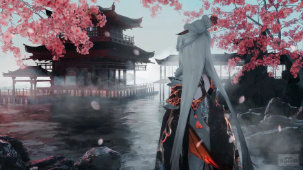 HD desktop wallpaper of Ningguang from Genshin Impact, featuring her standing near a serene lake with cherry blossoms and traditional architecture in the background.