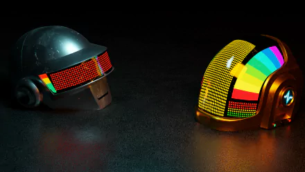 HD PC desktop wallpaper featuring futuristic helmets inspired by Daft Punk, showcasing vibrant digital displays against a dark background.