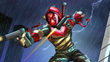 Jason Todd as Red Hood from DC Comics, depicted in a dynamic, rain-soaked 4K Ultra HD comic-style wallpaper for PC desktop background.