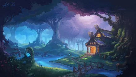 HD desktop wallpaper depicting a fantasy scene of a quaint house amidst a magical, glowing forest with a serene river and bridge. Vibrant colors and mystical ambiance create an enchanting background.
