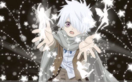 HD PC desktop wallpaper featuring a Tegami Bachi (Letter Bee) anime character with white hair, outstretched hands, and glowing butterflies surrounding them.