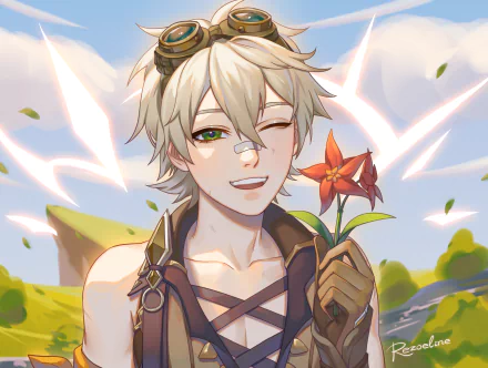 Bennett from the video game Genshin Impact winks, holding an orange flower; blond hair, green eyes and goggles atop his head against a bright landscape — 2K Quad HD PC desktop wallpaper.