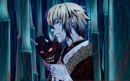 HD anime wallpaper from Hakuouki Shinsengumi Kitan features a character with pale hair holding a demonic mask amidst a dark, eerie bamboo forest background.