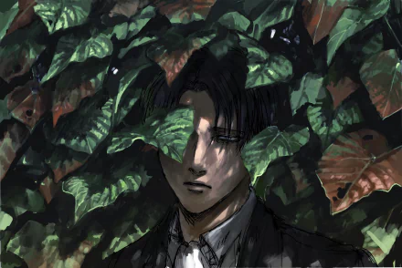 HD desktop wallpaper featuring Levi Ackerman from Attack on Titan, partially hidden among dark green leaves in a moody, detailed anime style.