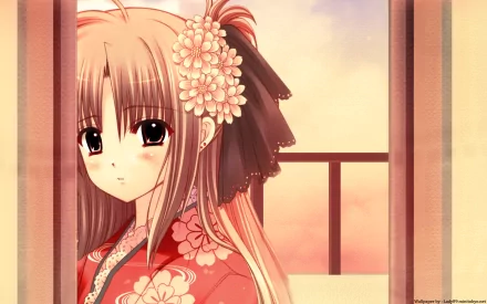 HD anime original desktop wallpaper featuring a girl in traditional floral attire with a serene sunset background framed by a wooden window.