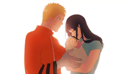 HD anime desktop wallpaper featuring Naruto Uzumaki and Hinata Hyuga tenderly holding their baby Boruto Uzumaki.