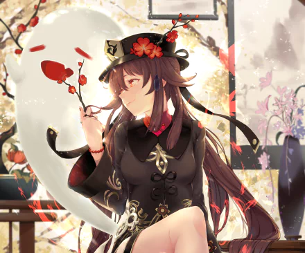 Hu Tao (Genshin Impact) in a 2K Quad HD PC desktop wallpaper: wearing her dark ceremonial outfit, holding a red blossom against a moonlit, floral backdrop.