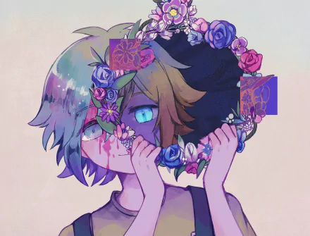 HD desktop wallpaper featuring Basil from the video game OMORI, with blonde and green hair, blue eyes, holding a flower wreath adorned with purple and pink blooms.