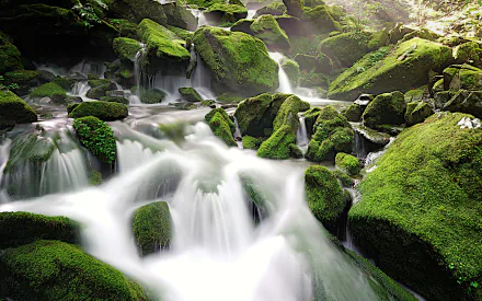 4K Ultra HD PC desktop wallpaper showing a moss-draped woodland waterfall and silky stream winding over green rocks — serene nature scene.