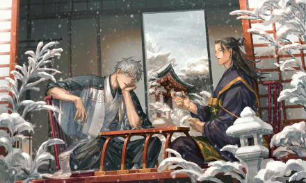 HD desktop wallpaper featuring anime characters Satoru Gojo and Suguru Geto from Jujutsu Kaisen, depicted in a serene snowy setting with traditional Japanese architecture in the background.