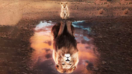 Lion cub gazes into a puddle, reflecting an adult lion — cinematic shot from The Lion King (2019), rendered as a 5K Ultra HD PC desktop wallpaper.