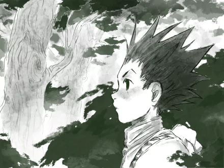 HD PC desktop wallpaper featuring Gon Freecss from the anime Hunter x Hunter, showcasing a detailed black-and-white stylized profile amidst a forest backdrop.