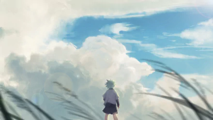 A serene HD wallpaper featuring Killua Zoldyck from the anime Hunter x Hunter, standing in a grassy field under a vibrant sky filled with fluffy clouds.